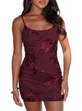 Summer Women's Floral Embroidered Mini Dress Spaghetti Strap Mesh Bodycon Formal Cocktail Dresses in Wine Red/Black/Apricot