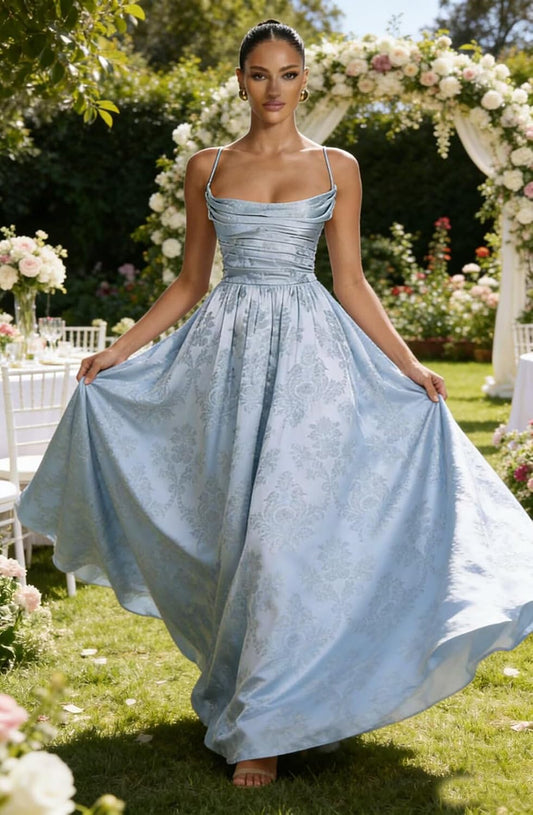 Floral Jacquard Prom Dresses for Women Spaghetti Straps A Line Satin Cowl Neck Formal Evening Party Dress