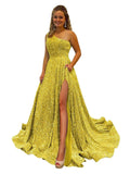 One Shoulder Sequin Prom Dresses for Women Long Sparkly A-Line Slit Formal Evening Party Ball Gowns with Pockets