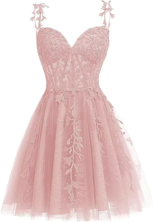Vestidos de fiesta formales de noche con apliques de encaje de tul y tirantes finos, cortos, sin espalda 