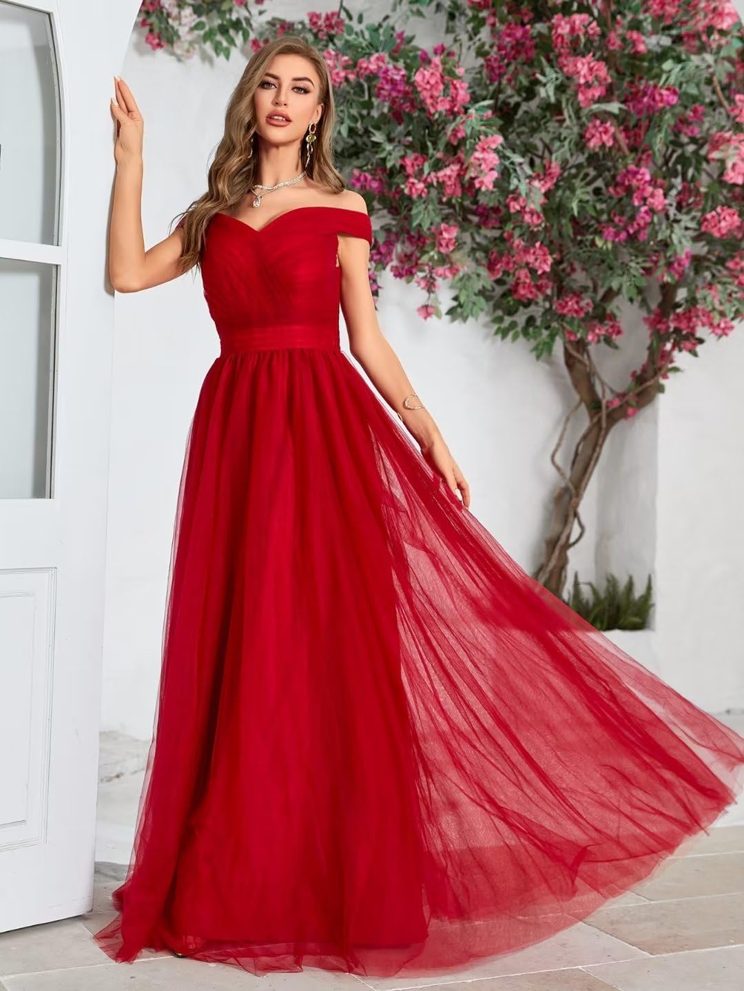 Schulterfreies Ballkleid, langes Ballkleid für Damen, A-Linie, Herzausschnitt, mehrlagiges Tüllkleid für Hochzeit, Abendparty 
