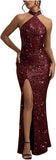 Sequin Mermaid Prom Dresses for Women Long Sparkly Halter-Neck Tight Backless Formal Evening Party Gowns with Slit