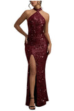 Sequin Mermaid Prom Dresses for Women Long Sparkly Halter-Neck Tight Backless Formal Evening Party Gowns with Slit