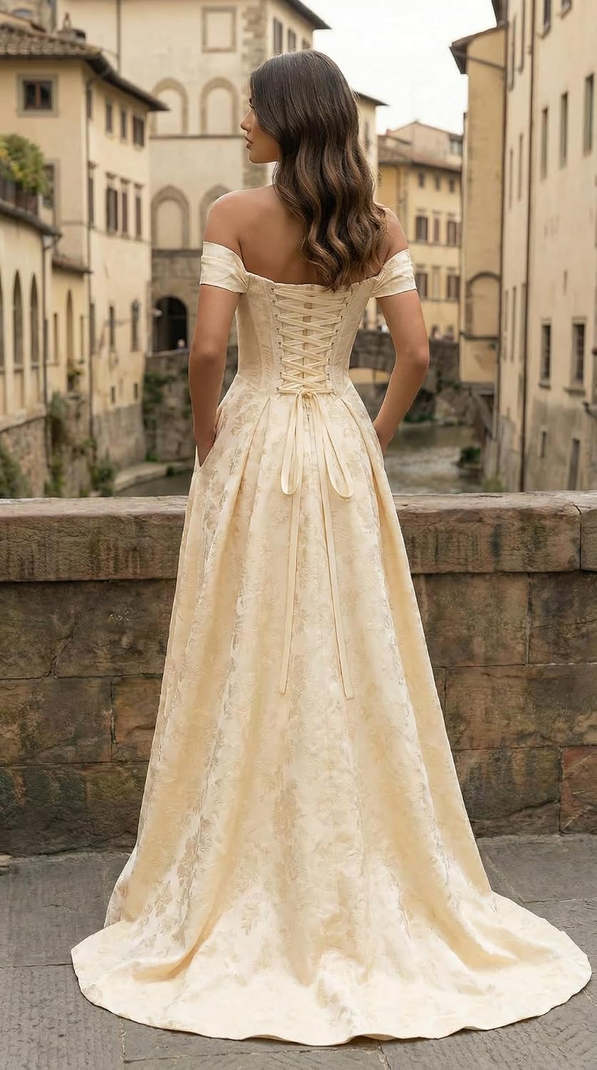 Jacquard Satin Prom Dresses Off the Shoulder Corset A Line Long Formal Gowns