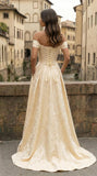 Jacquard Satin Prom Dresses for Women Off the Shoulder Corset A Line Long Formal Evening Gowns
