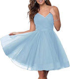 Short Homecoming Dresses Spaghetti Straps V Neck Glitter Tulle Ball Gown Short Prom Graduation Dress for Juniors