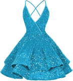 Vestidos de fiesta cortos con lentejuelas brillantes para adolescentes, sexy, con tirantes finos, vestido de fiesta, vestido de cóctel con cuello halter 