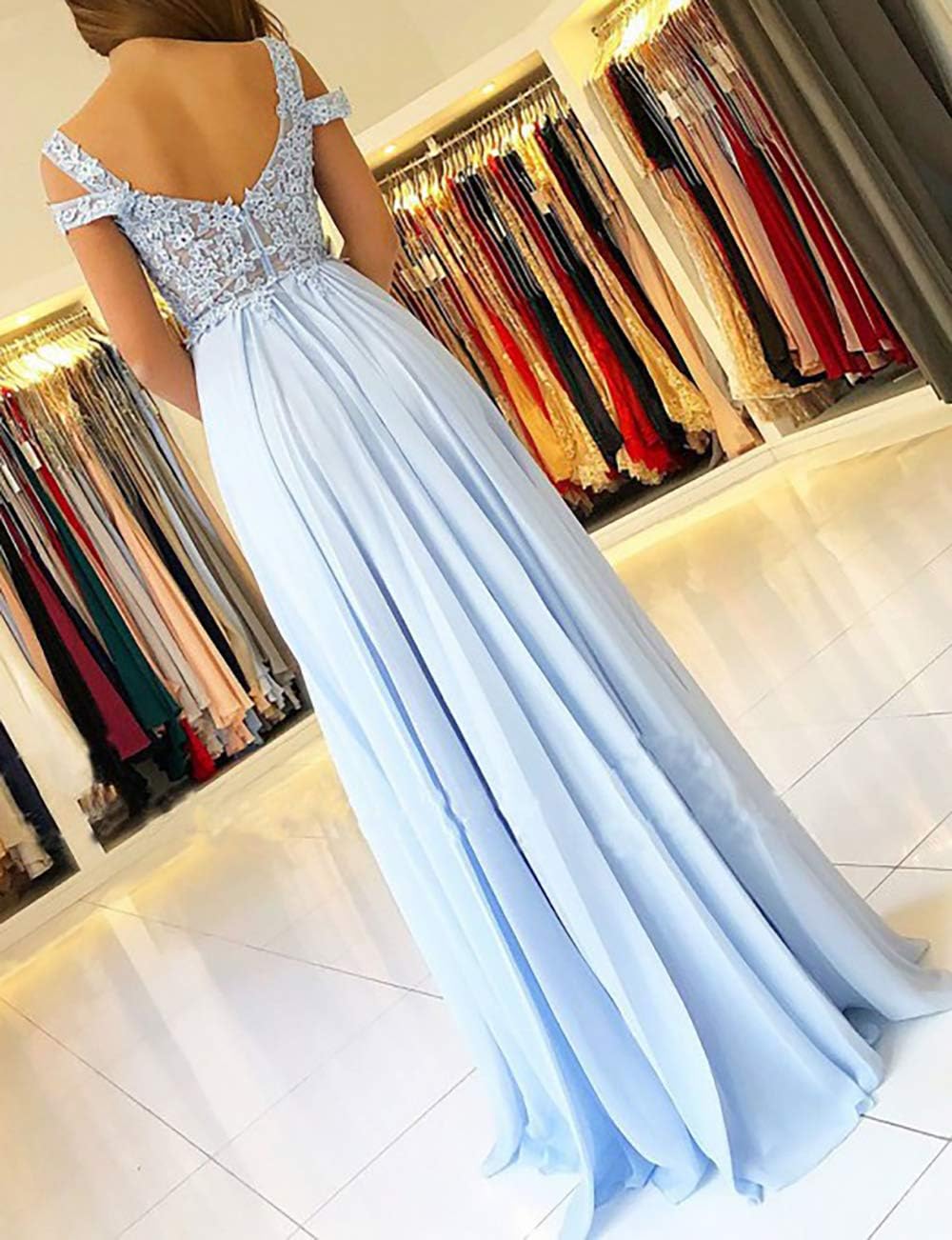 Women's Lace Appliques Prom Dresses Long with Slit Cold Shoulder Formal Party Gown