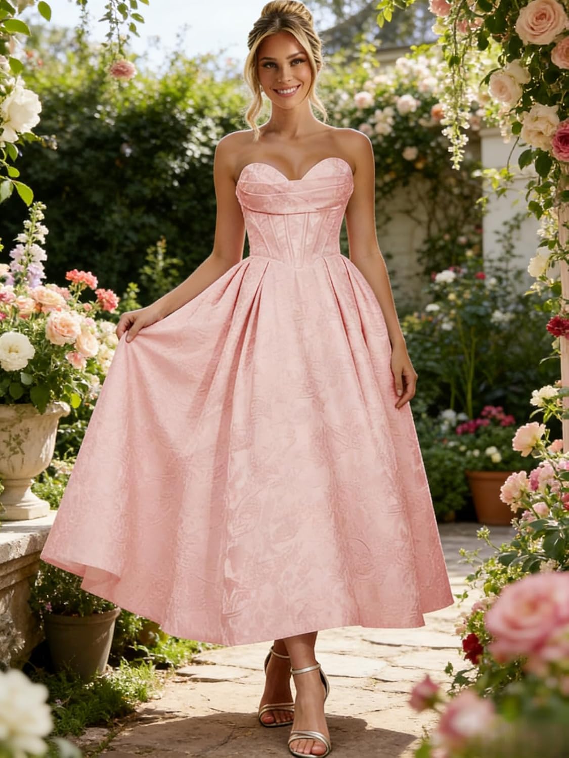 Jacquard Satin Prom Dresses for Women Strapless Tea Length Sweetheart Neck A-line Formal Party Dress with Pockets
