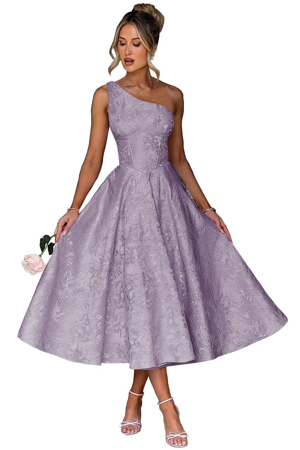 Jacquard Floral Satin Prom Dresses 2026 One Shoulder A-Line Midi Formal Evening Party Gown with Pockets for Women