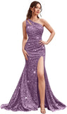 Kingbridal Gowns One Shoulder Sequin Prom Dresses with Slit 2026 Mermaid Formal Dress for Women Sparkly Ruched Evening Party Gowns