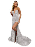 Sparkly Mermaid Sequin Prom Dresses for Women Long Spaghetti Straps V-Neck Formal Evening Party Gowns with Slit