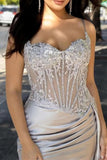 Lace Satin Prom Dresses for Women 2026 Long Mermaid Spaghetti Straps Corset Formal Evening Party Dress with Slit
