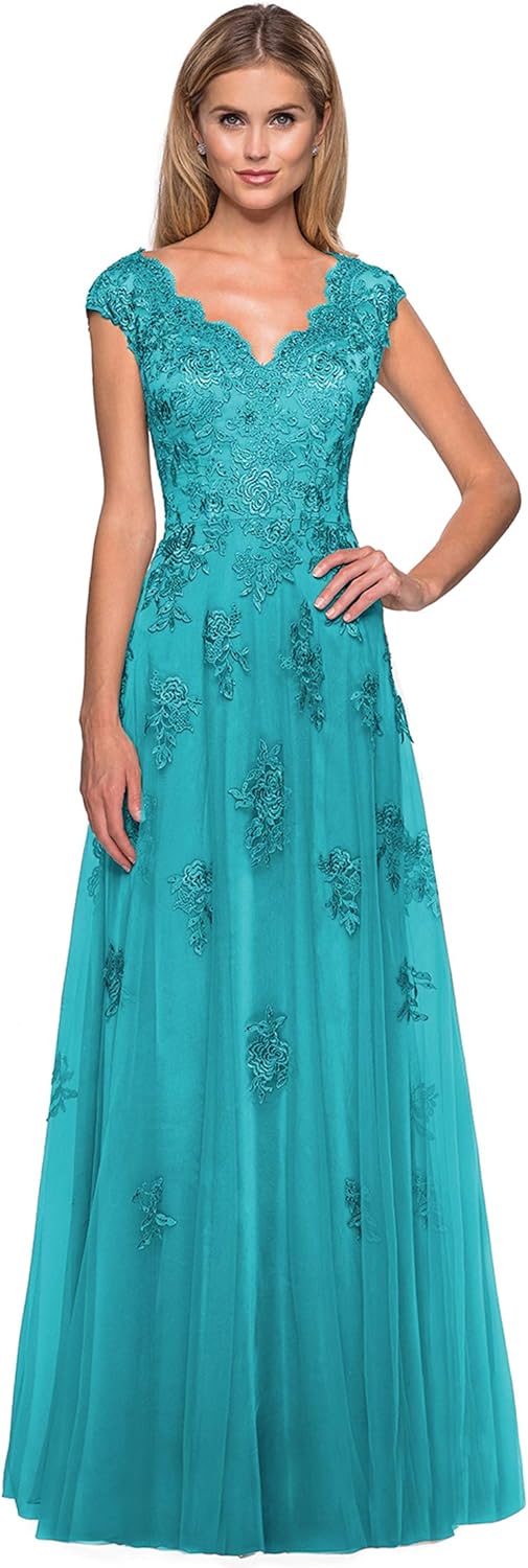 Women's V Neck Cap Sleeves Mother of The Bride Dresses Long Lace Formal Prom Evening Gowns with Pockets