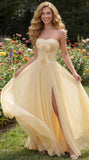 Strapless Chiffon Bow Prom Dresses 2026 Corset Chiffon Pleated A Line Formal Dress