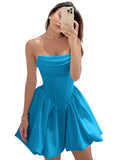 Satin Flower Bud Homecoming Dress Short Prom Dress Cowl Neck Pleated A Line Mini Cocktail Party Gown