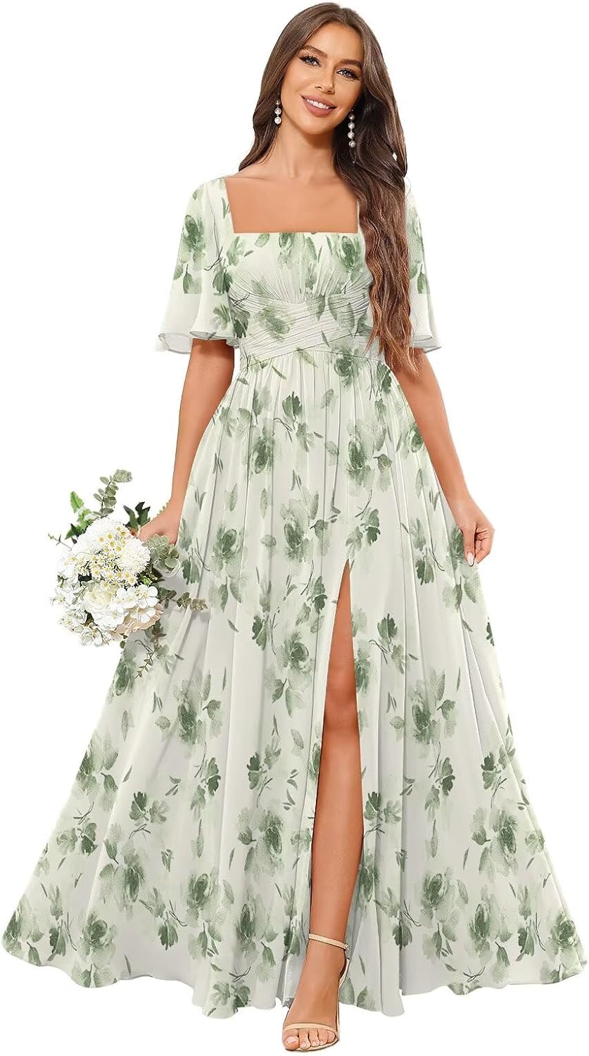 Square Neck Bridesmaid Dresses with Slit Pockets Flutter Sleeve Long Chiffon Formal Wedding Guest Dress