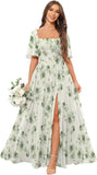 Square Neck Bridesmaid Dresses with Slit Pockets Flutter Sleeve Long Chiffon Formal Wedding Guest Dress
