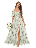 Square Neck Bridesmaid Dresses with Slit Pockets Flutter Sleeve Long Chiffon Formal Wedding Guest Dress