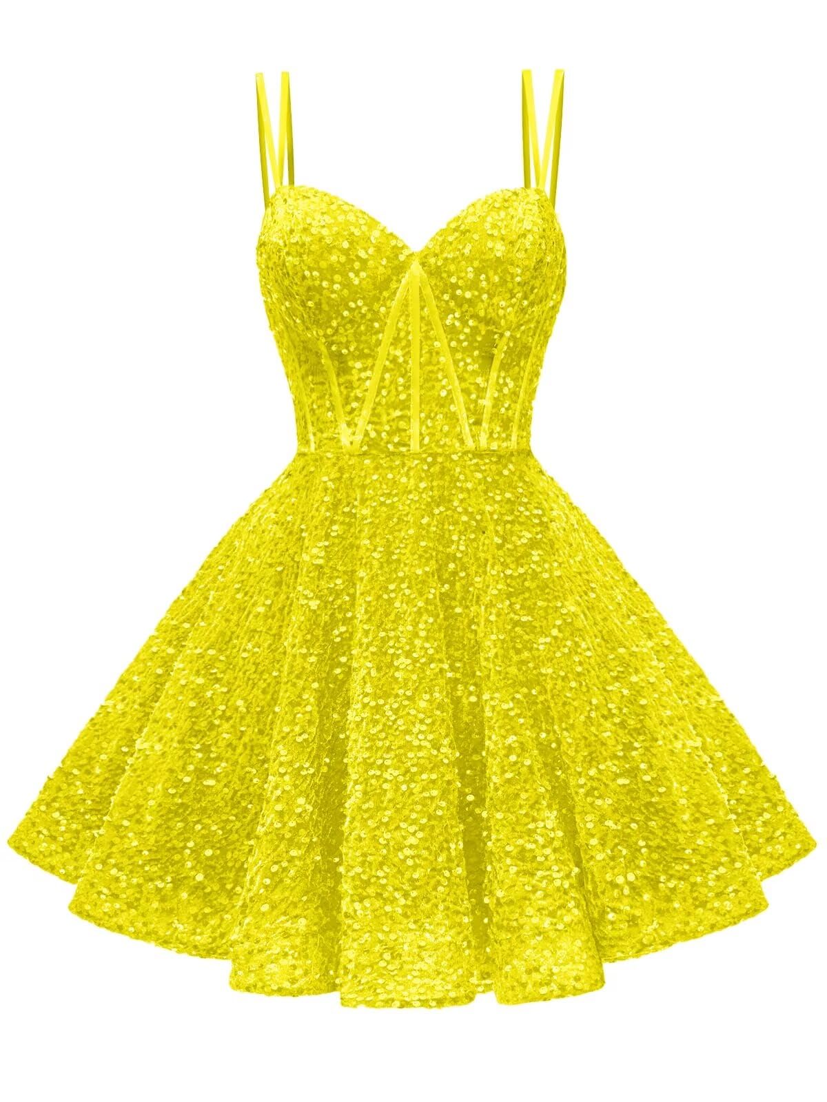 Kingbridal Gowns Sparkly Sequin Homecoming Dresses for Teens 2027 Flowy Spaghetti Straps A-Line Short Formal Prom Dress with Pockets