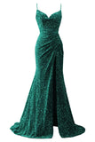 Spaghetti Straps Sequin Prom Dresses for Women 2027 Mermaid Ruched Formal Dress with Slit Sparkly Evening Party Gown