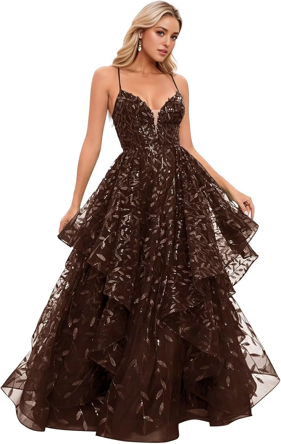Spaghetti Strap Prom Dresses for Women V Neck Sparkly Sequin Tulle Tiered Ball Gown Long Formal Evening Dress
