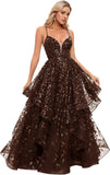 Spaghetti Strap Prom Dresses for Women V Neck Sparkly Sequin Tulle Tiered Ball Gown Long Formal Evening Dress