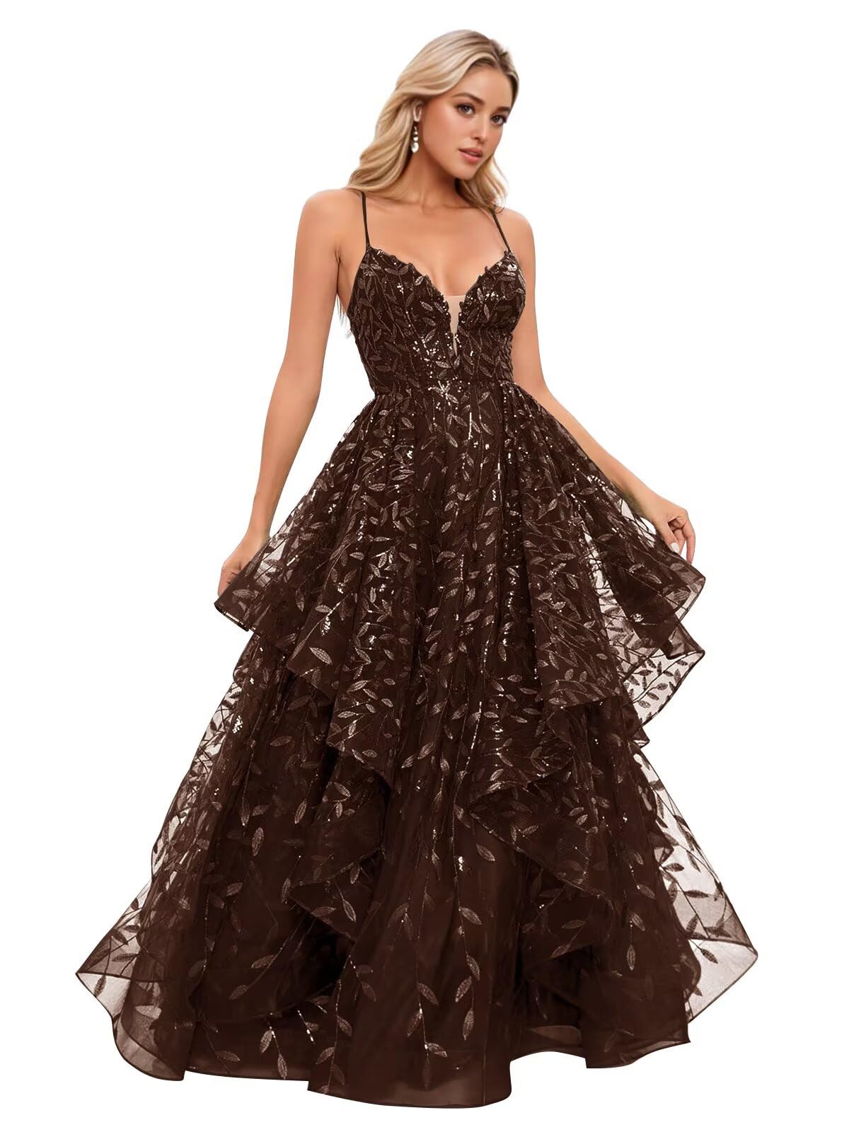 Spaghetti Strap Prom Dresses for Women V Neck Sparkly Sequin Tulle Tiered Ball Gown Long Formal Evening Dress