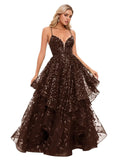Spaghetti Strap Prom Dresses for Women V Neck Sparkly Sequin Tulle Tiered Ball Gown Long Formal Evening Dress