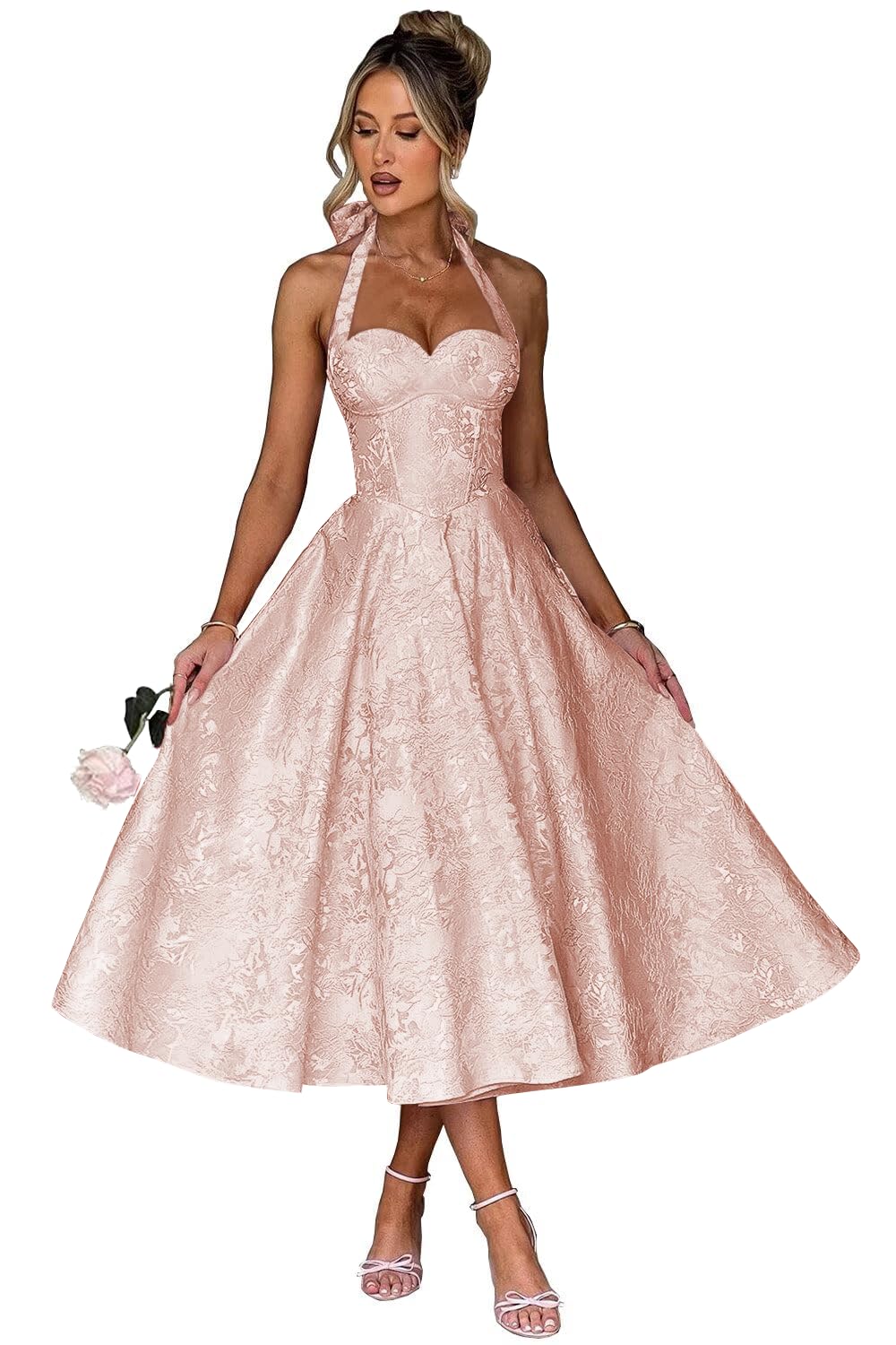 Jacquard Satin Prom Dresses for Women Vintage A-Line Midi Halter Sweetheart Formal Evening Party Gowns with Pockets