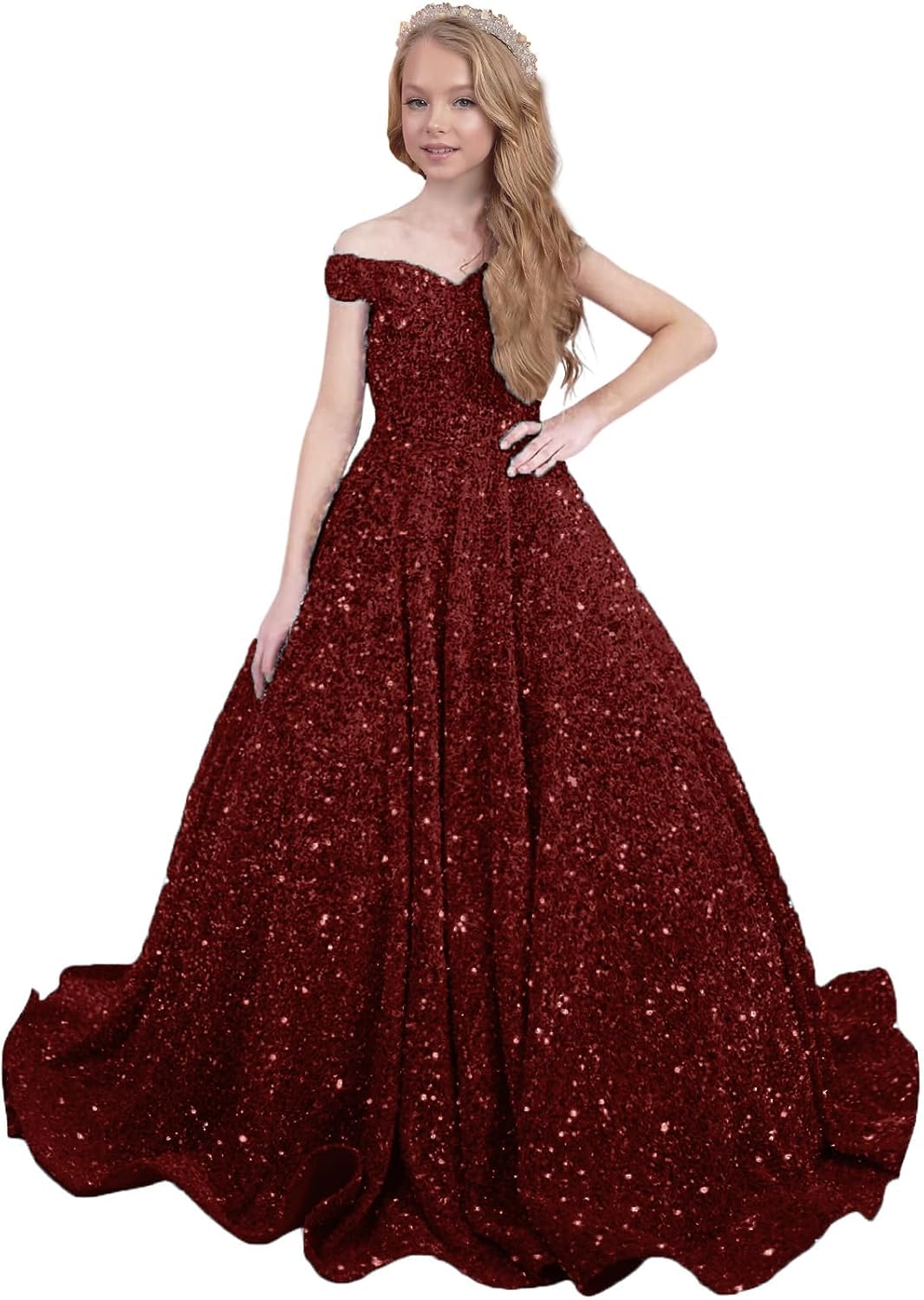 Ball Gown Sequin Pageant Dress for Teens Girls Off Shoulder Long Formal Party Dresses 2027