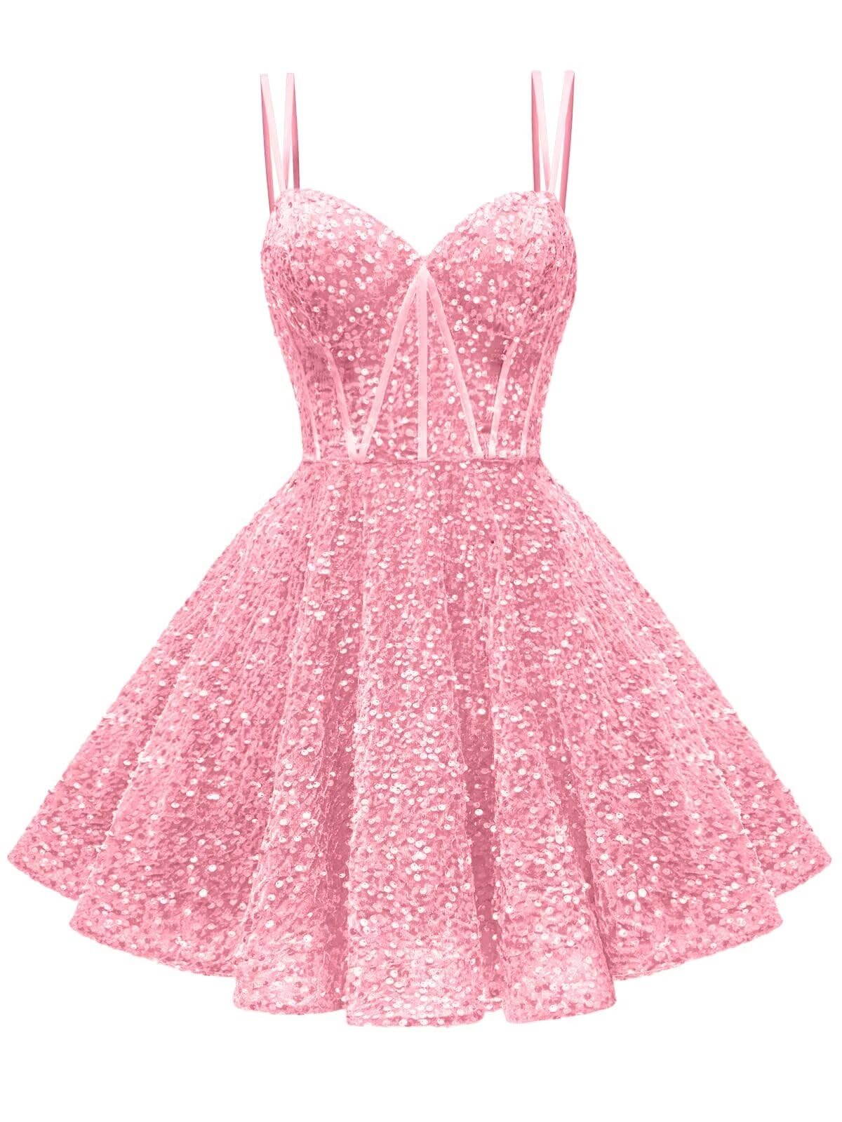 Kingbridal Gowns Sparkly Sequin Homecoming Dresses for Teens 2027 Flowy Spaghetti Straps A-Line Short Formal Prom Dress with Pockets