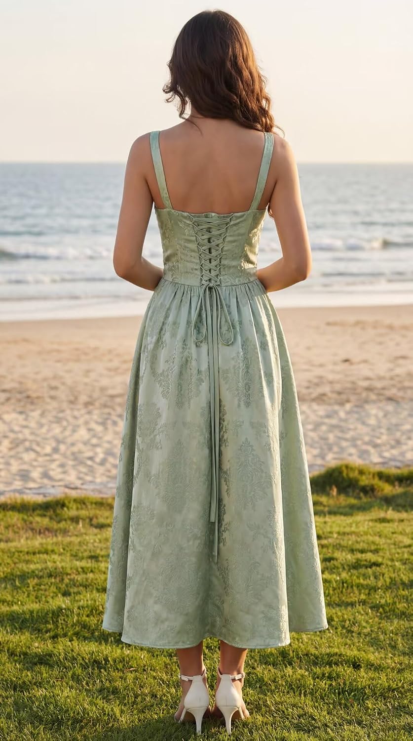 Jacquard Satin Bridesmaid Dresses for Women Spaghetti Straps A Line Tea Length Formal Dress