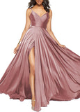 Satin Bridesmaid Dresses for Women Spaghetti Straps Wedding Guest Dress Long V Neck Formal Gown with Slit