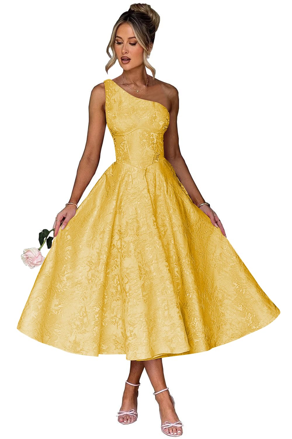 Jacquard Floral Satin Prom Dresses 2026 One Shoulder A-Line Midi Formal Evening Party Gown with Pockets for Women