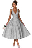 V Neck Tea Length Prom Dress for Women Satin Evening Party Gown A Line Cocktail Dress