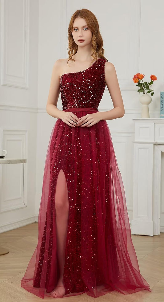 One Shoulder Sequin Prom Dresses for Women 2026 Long Tulle A-Line Formal Ball Gowns Sparkly Evening Dress with Slit
