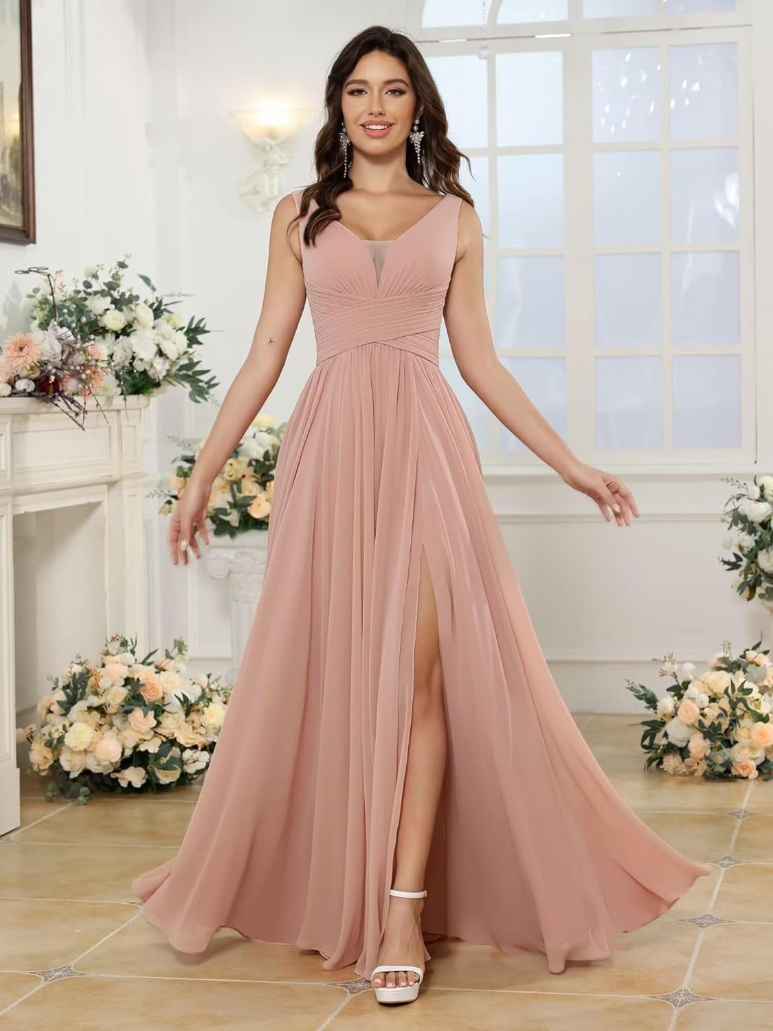 Vestidos de dama de honor sencillos de gasa para mujer con bolsillos, vestidos formales largos con escote en V y abertura 