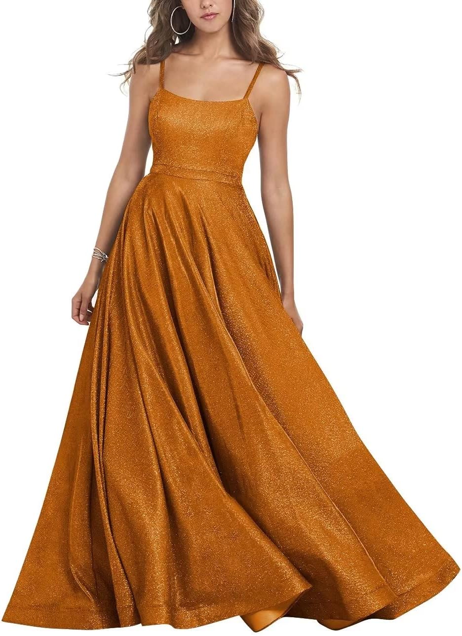 Women's Glitter Prom Dresses Long Ball Gown Spaghetti Straps Neck Formal Evening Party Dress for Teens