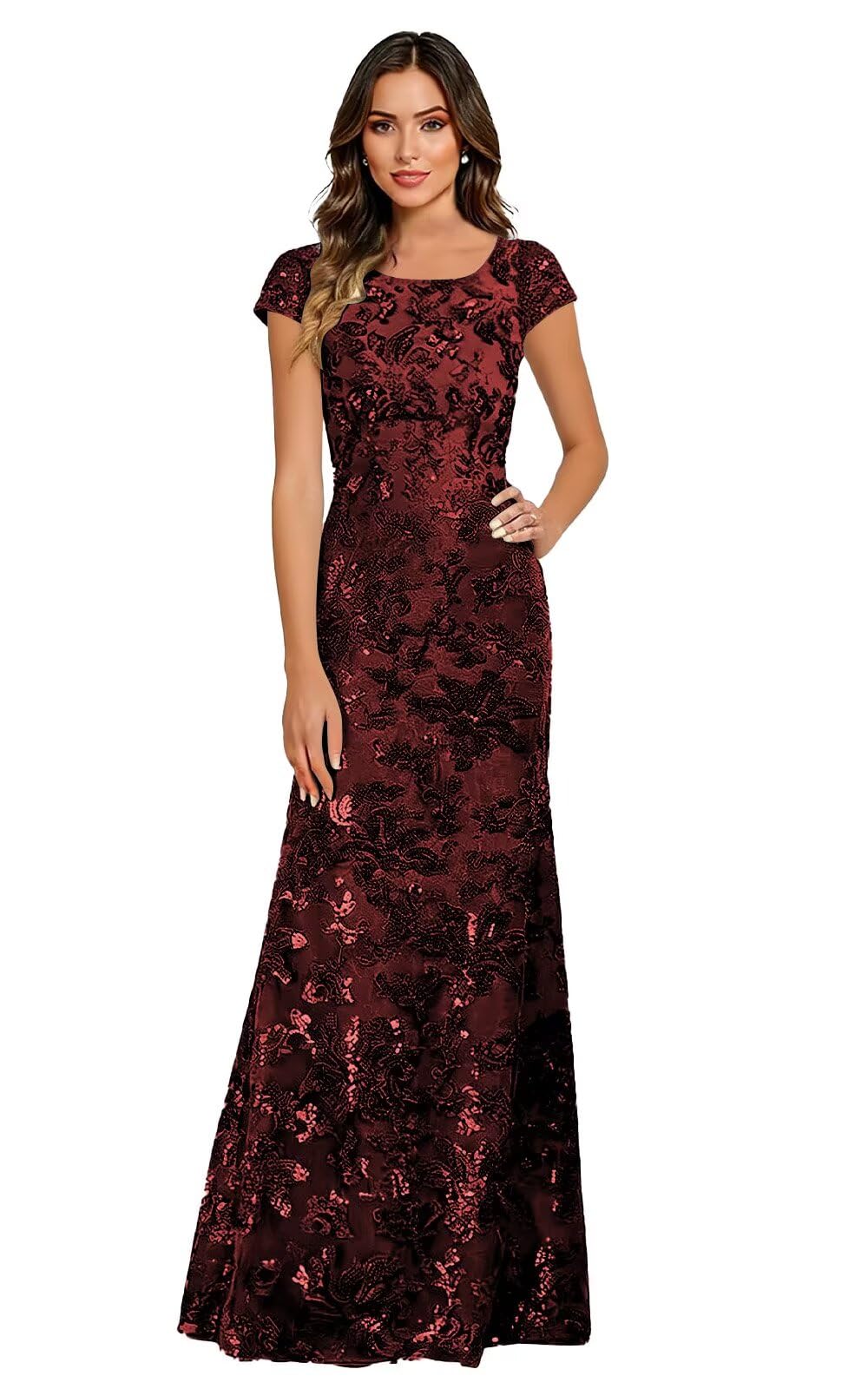 Lace Appliques Scoop Neck Sequin Mother of the Bride Dresses Mermaid Short Sleeve Formal Evening Gowns
