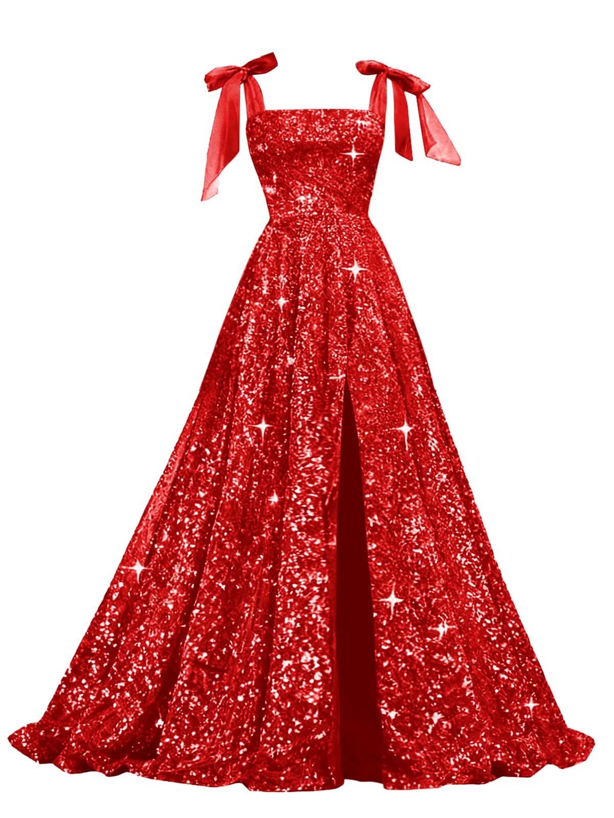 Bow Straps Prom Dresses 2026 Sparkly Sequin Square Neck Ruched Long Puffy Ball Gown Formal Dress with Slit Pockets