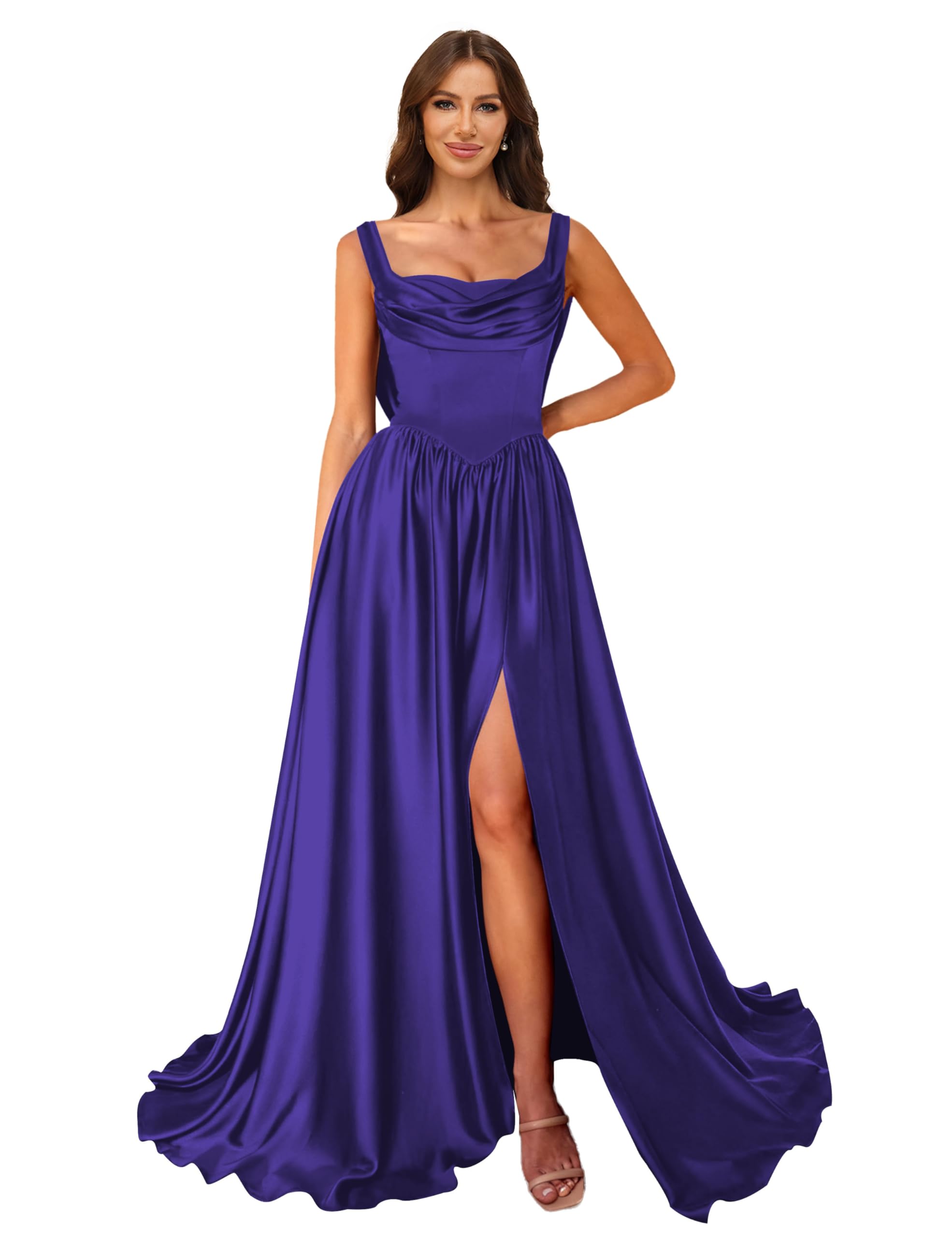 Cowl Neck Satin Prom Dresses Corset Ball Gown Long Puffy A-Line Formal Evening Gown with Slit