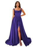Cowl Neck Satin Prom Dresses Corset Ball Gown Long Puffy A-Line Formal Evening Gown with Slit