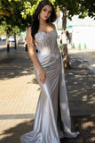 Lace Satin Prom Dresses for Women 2026 Long Mermaid Spaghetti Straps Corset Formal Evening Party Dress with Slit