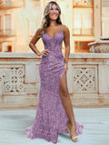 Sparkly Sequin Prom Dresses for Teens 2026 V Neck Glitter Applique Mermaid Formal Evening Gown with Slit