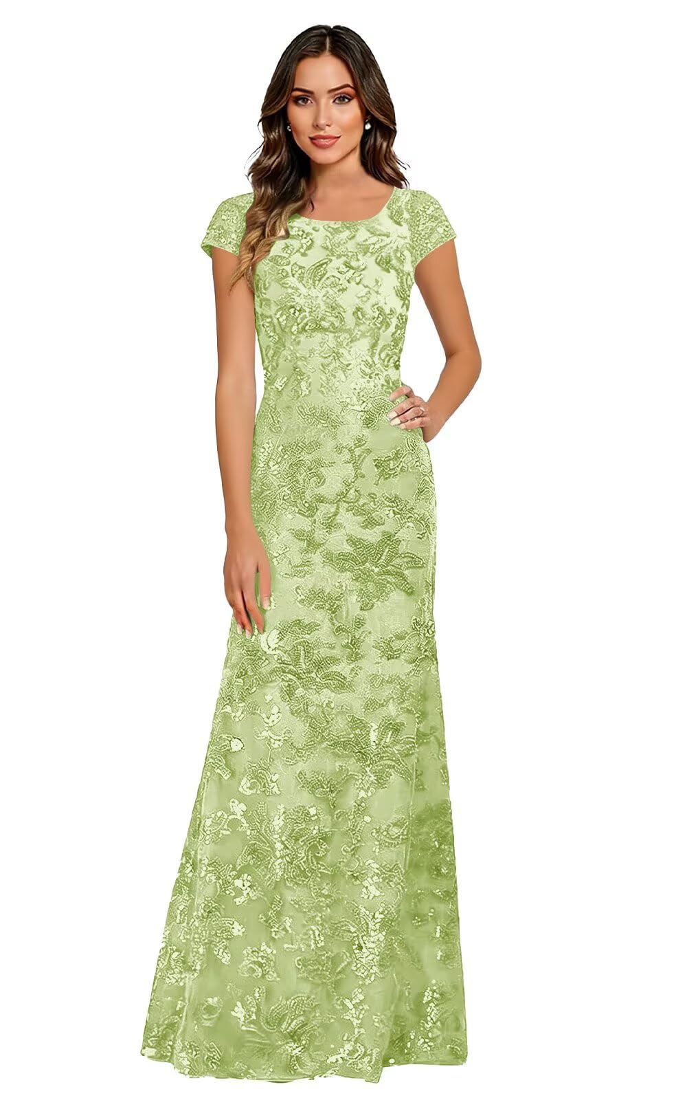 Lace Appliques Scoop Neck Sequin Mother of the Bride Dresses Mermaid Short Sleeve Formal Evening Gowns