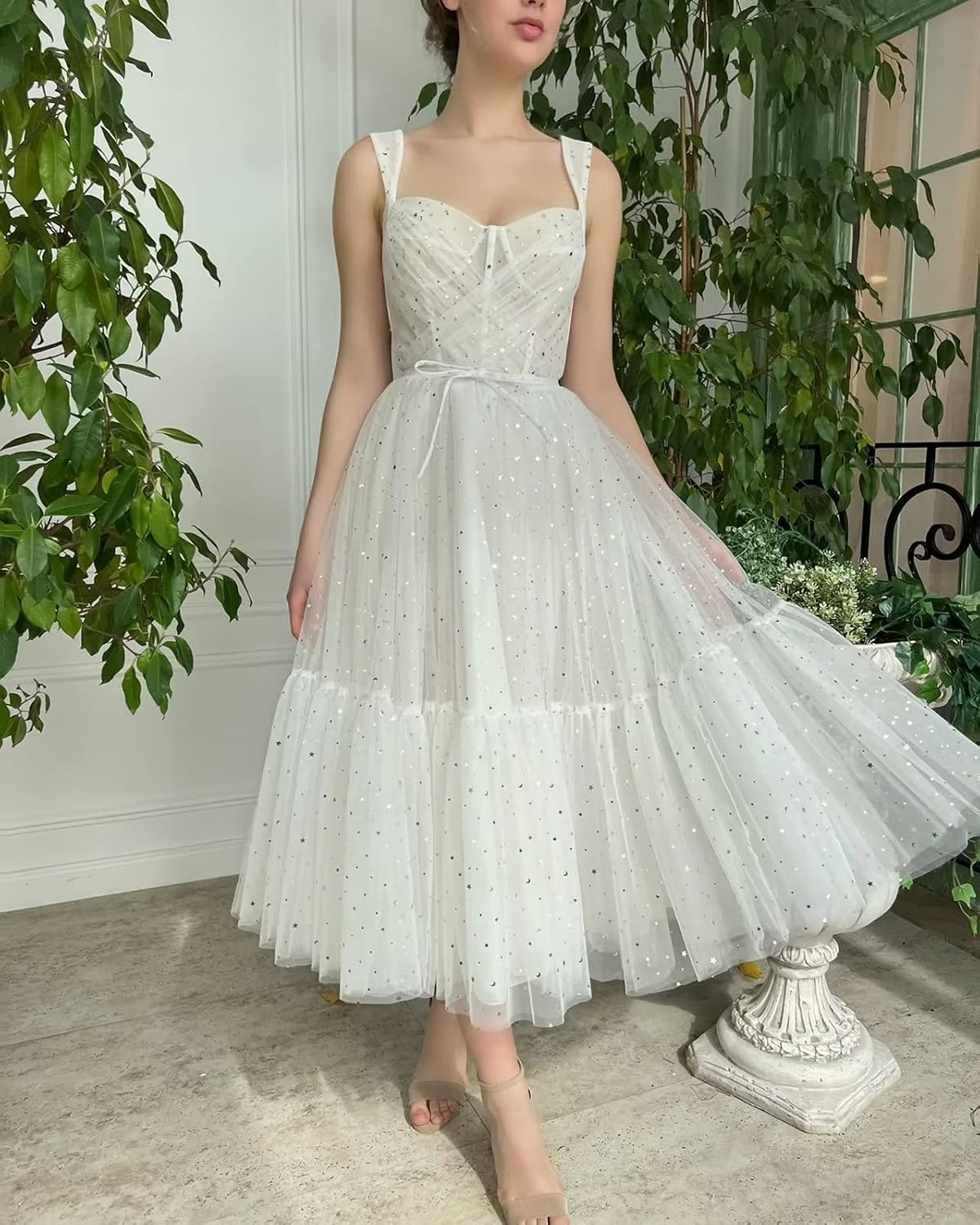 Sparkly Starry Tulle Prom Dresses for Women Tea Length Formal Evening Corset Gowns for Teens
