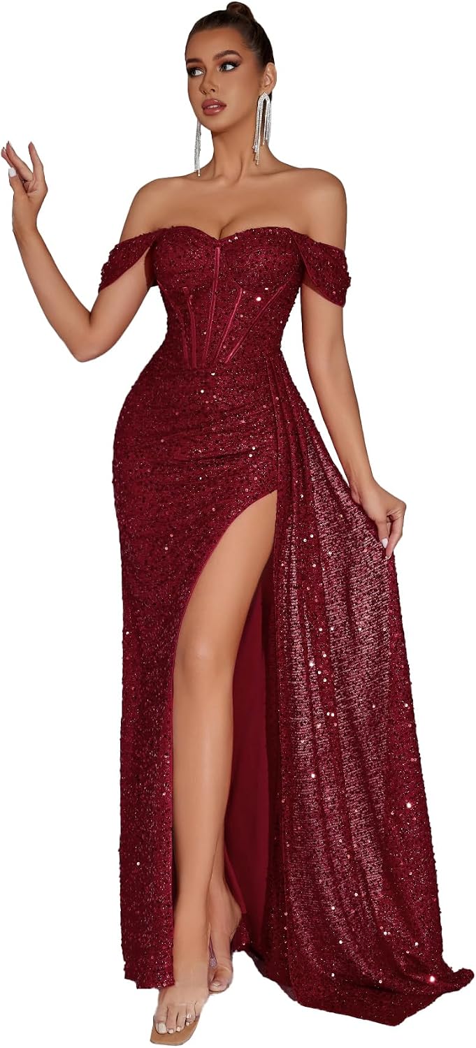 Evening Gowns Formal Dresses for Women Sequin Tulle Wedding Guest Cocktail Party Sexy Off Shoulder Floor Length Prom Dress