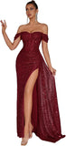 Evening Gowns Formal Dresses for Women Sequin Tulle Wedding Guest Cocktail Party Sexy Off Shoulder Floor Length Prom Dress