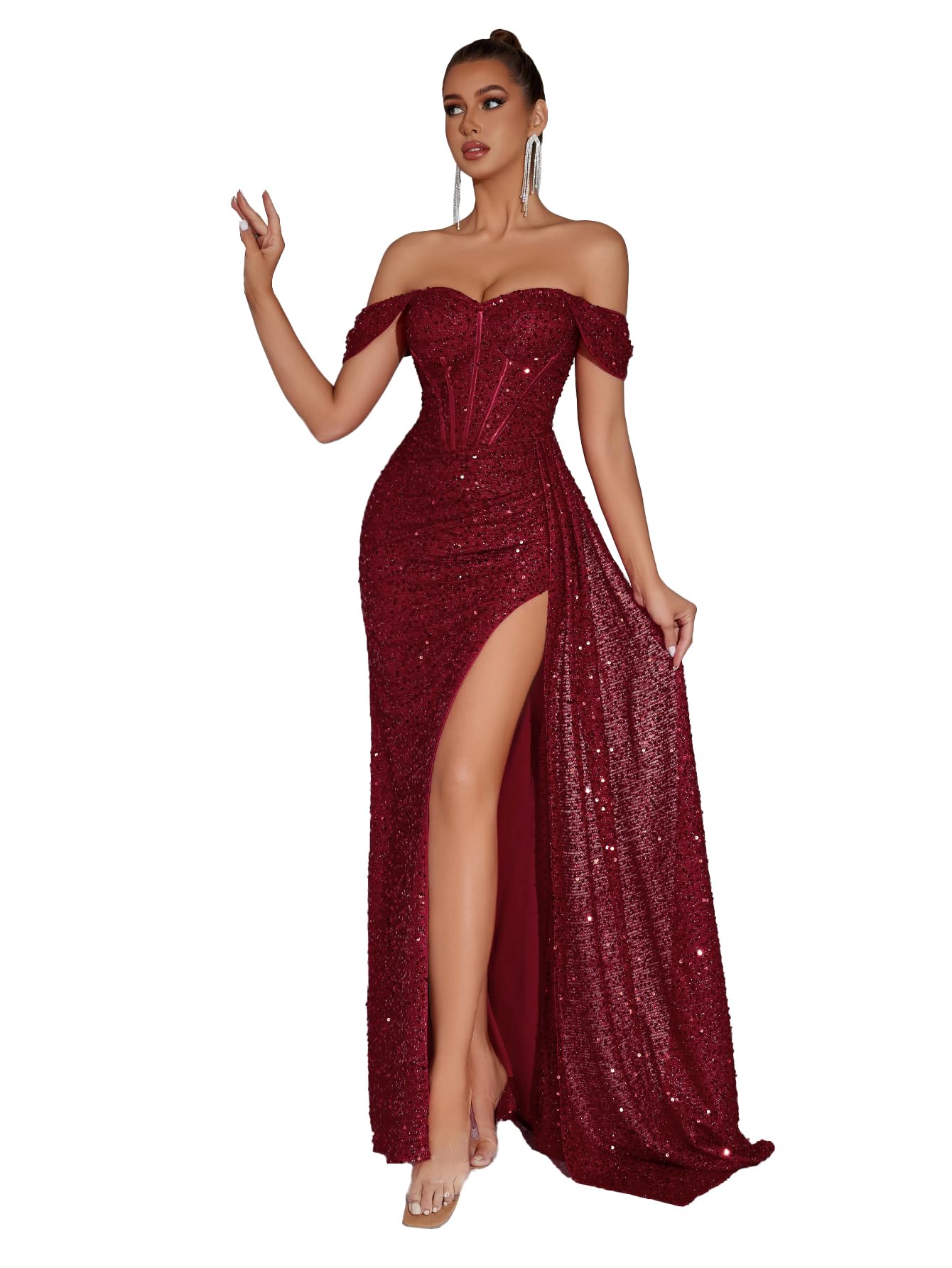 Evening Gowns Formal Dresses for Women Sequin Tulle Wedding Guest Cocktail Party Sexy Off Shoulder Floor Length Prom Dress